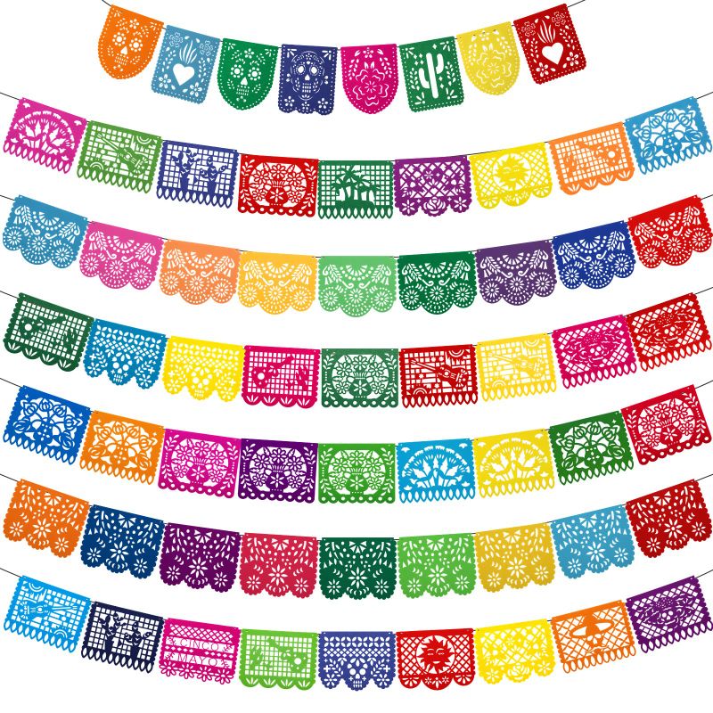 Photo 1 of 7 Pack Papel Picado Banner Mexican Party Fiesta Flag Cinco De Mayo Theme Party Decorations Day of The Dead Felt Garland Dia De Los Muertos Decor for Mexican Birthday Party Supplies, 68.6 ft Total