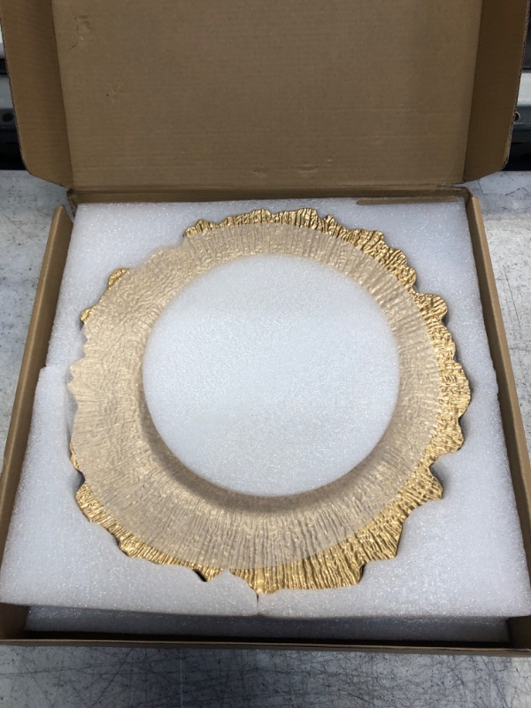 Photo 1 of DaCakeWS Gold Reef Charger Plates 10PCS 13inch Plastic Floral Charger Plates Wedding for Dinner,Wedding,Party,Event,Decoration(Reef Gold10) 10 Reef Gold