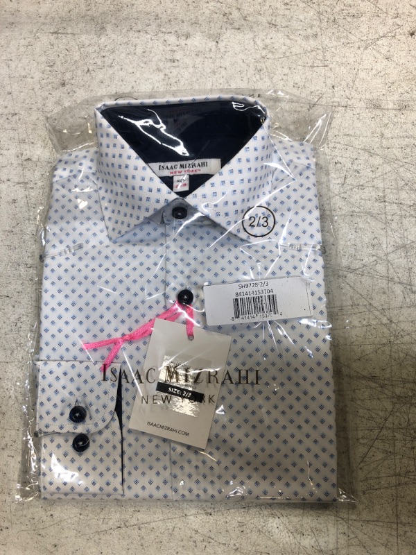 Photo 2 of Isaac Mizrahi Boy's Long Sleeve Diamond Print Button Down Shirt, White/Blue
