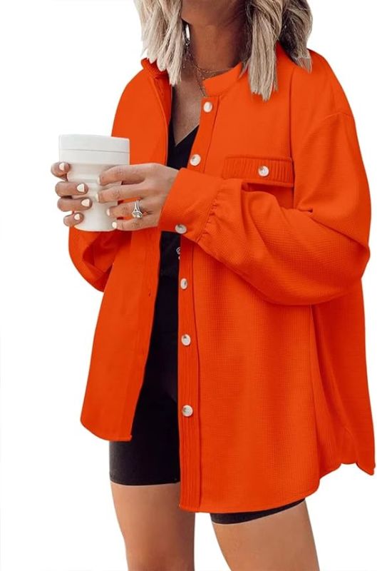 Photo 1 of DARKRANI Women's Waffle Shacket Boyfriend Shirt Jacket Long Sleeve Blouse Button Down Oversized Tops A 3XL