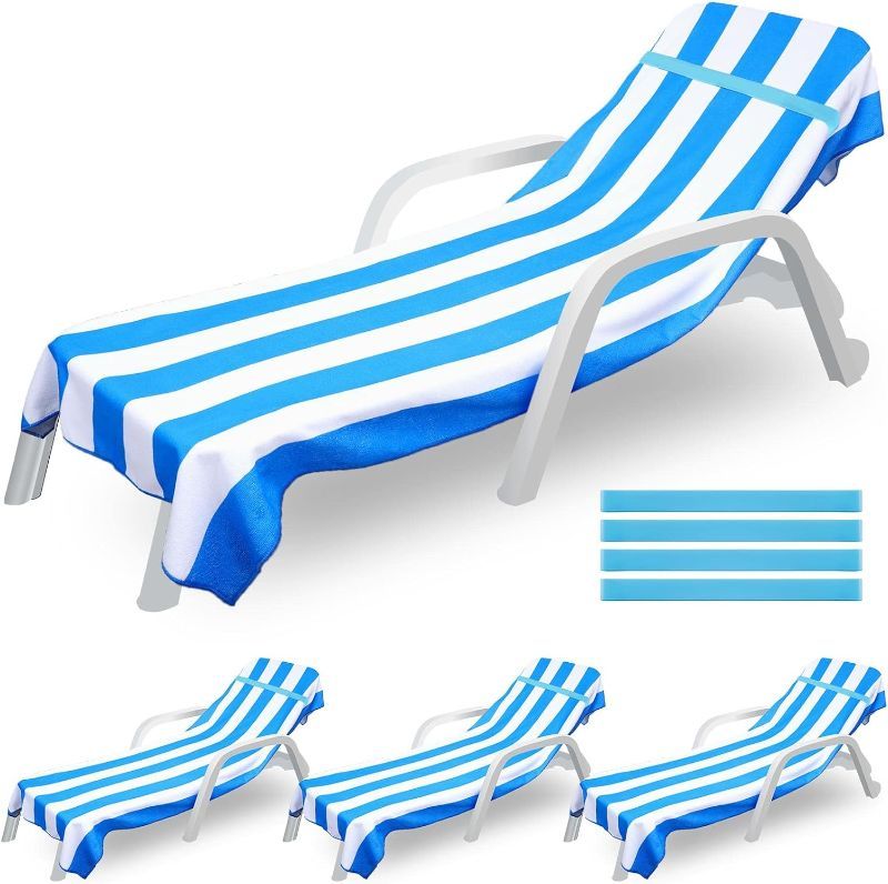 Photo 1 of 4 Pieces Pool Chaise Lounge Towel Covers with Towel Bands 32 x 82 Inch Microfiber Chaise Chair Towel Cover Blue and White Stripe Towel for Summer Lounger Sunbathing Hotel Outdoor
