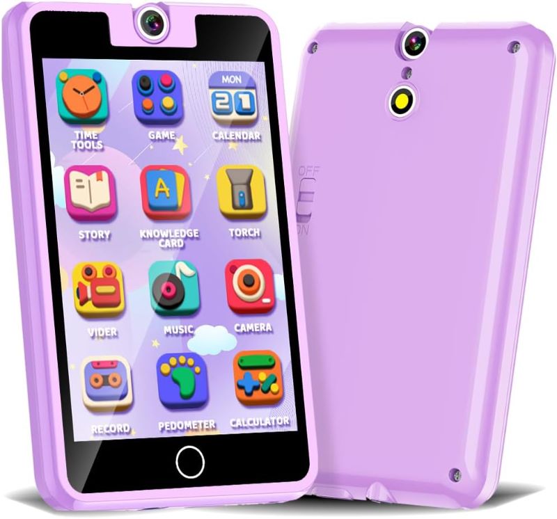 Photo 1 of Kids Phone Toys for Boys Girls 3-8 Year Old Pretend Smartphones Learning Toys with Rotating Camera Videos 28 Games 2.8" Touchscreen Music Player Storybook 8G SD Card Toddler Fake Phone (2. Purple)

