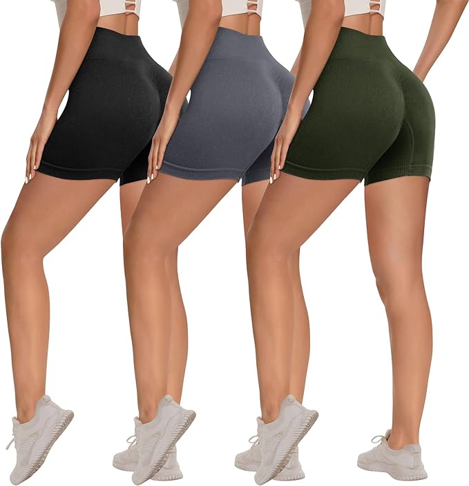 Photo 1 of 3 Pack Biker Shorts Women - Seamless Ribbed High Waisted Scrunch Butt Lifting Booty Workout Shorts for Gym Yoga 2XL