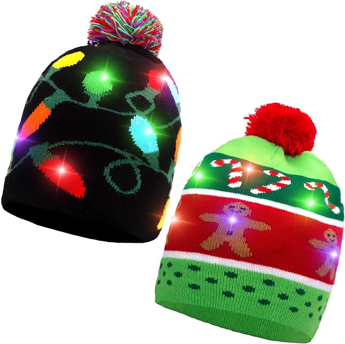 Photo 1 of MCPINKY 2PCS Christmas LED Beanie Hats, Light Up Knit Beanie Hats Flashing Christmas Hat for Kids Adults Xmas Ugly Sweater Party
