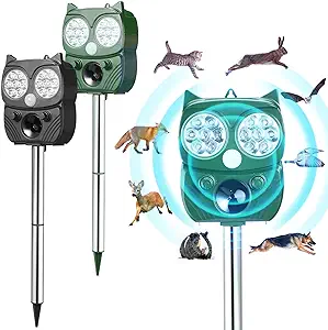 Photo 1 of 2 Pieces Ultrasonic Animal Repeller Solar Powered Animal Repellent Outdoor Coyote Deterrent Devices Waterproof with Motion Sensor Audible Alarm Flashing Light for Garden Cat Dog Skunk Deer
