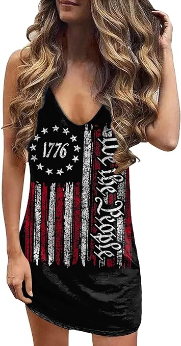 Photo 1 of For G and PL 4th of July Women's American Flag Patriotic Stars Stripe Deep V Neck Mini Tank Dress 2XL