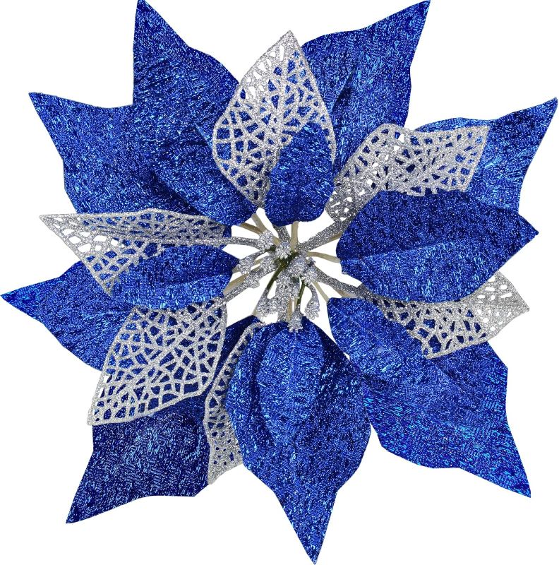 Photo 1 of 14 Set 8.7" Wide 4 Layers Christmas Blue Glitter Poinsettia Flowers Picks Christmas Tree Ornaments for Blue Christmas Tree Wreaths Garland Holiday Seasonal Festive Navidad Decoration Gift Box Included
