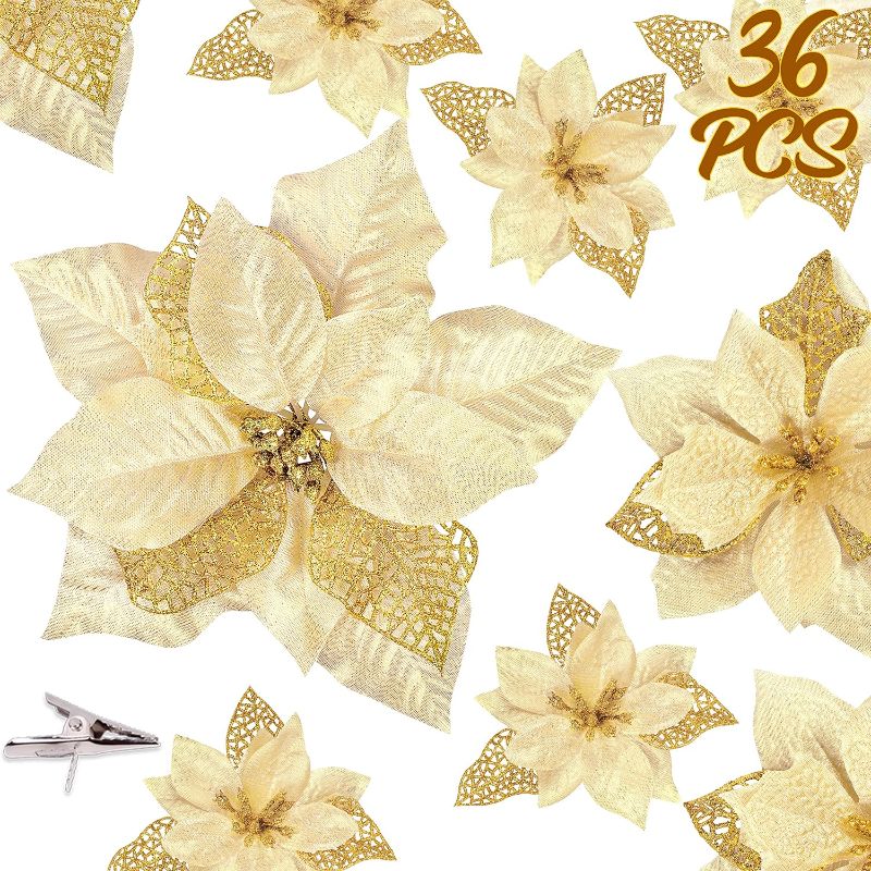 Photo 1 of 36PCS Christmas Tree Decorations Ornaments - Poinsettia Flowers Artificial Glitter Gold Xmas Ornaments with Clips(3 Sizes)
