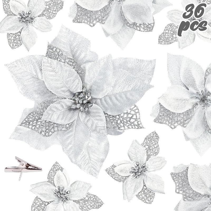 Photo 1 of 36PCS Christmas Tree Decorations Ornaments - Poinsettia Flowers Artificial Glitter Silver Xmas Ornaments with Clips(3 Sizes)
