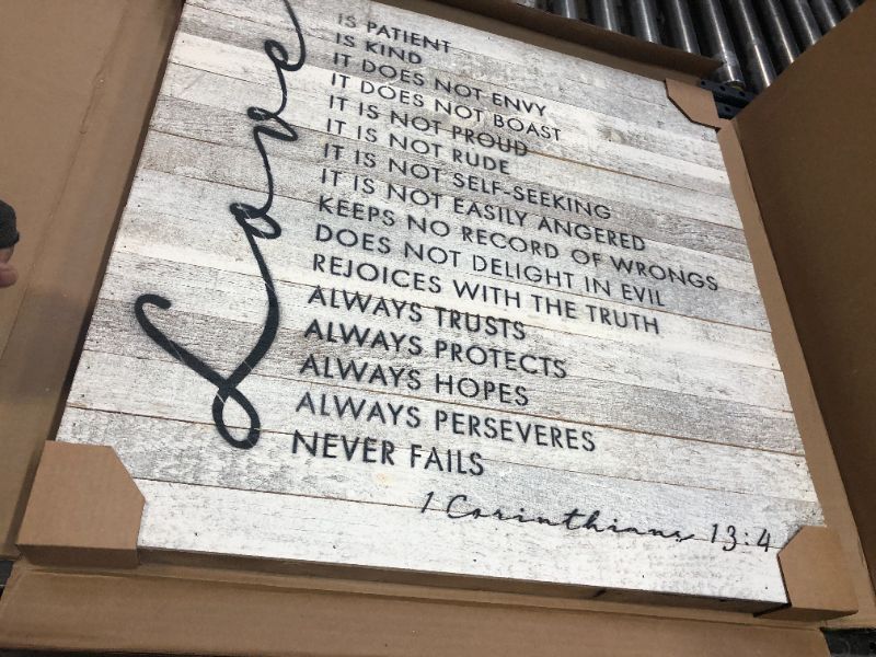 Photo 2 of Rustic Reclaimed Wood Sign by Second Hand By Nature - 28 x 28 Handmade Modern Farmhouse Home Decor for Living Room, Bedroom, or Fireplace - Inspirational Wall Art (Love is Patient, Love is Kind) White Love Is Patient