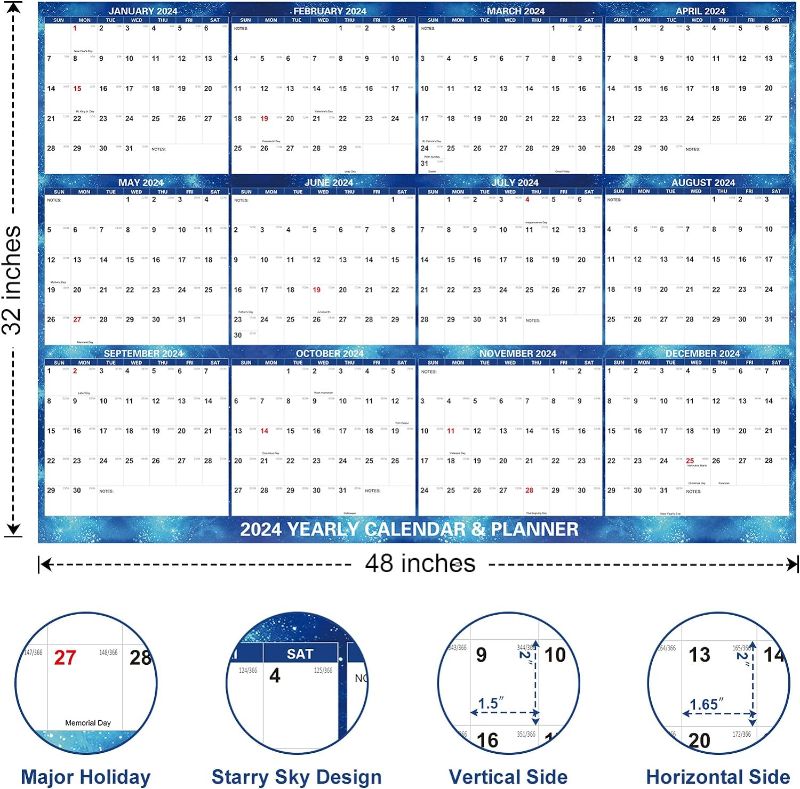 Photo 1 of 32" x 48" 2024 Wall Calendar Dry Erase - Large Blue Starry Sky Calendar Wet & Dry Erasable Laminated 12 Month Annual Yearly Planner, Reversible, Horizontal/Vertical (2024 Wall Calendar)