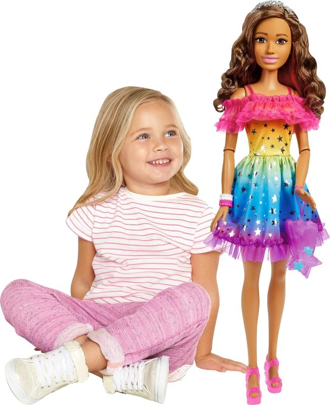 Photo 1 of Barbie Large Doll with Brown Hair, 28 Inches Tall, Rainbow Dress and Styling Accessories Including Shooting Star Handbag
