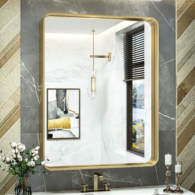 Photo 1 of 30 in. W x 36 in. H Rectangular Aluminum Framed Wall Mount Bathroom Vanity Mirror in gold