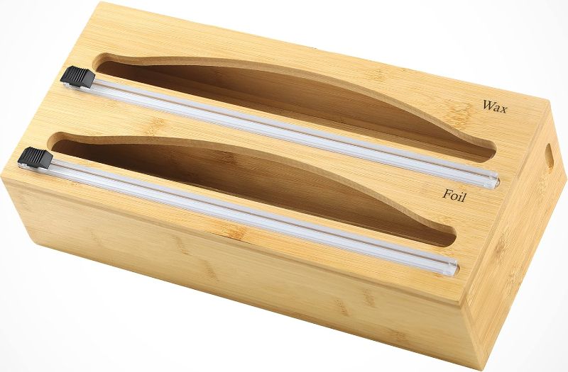 Photo 1 of Utopia Kitchen 3 in 1 Foil and Plastic Wrap Organizer, Plastic Wrap Dispenser with Cutter, Bamboo Dispenser for Kitchen Organization and Storage - Fits 12 Inch Rolls - Natural Wood 3 Slots