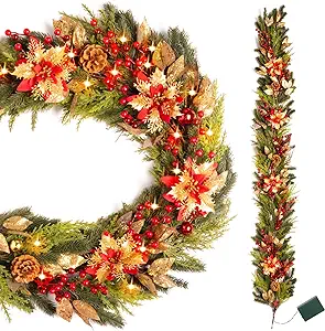 Photo 1 of 6.6FT Christmas Garland with 20 LED Lights and Timer, Greenery Plant with Pine Cone, Berry, Christmas Flower, Pine Branches, Leaves, Pre-Assembled for Mantel Fireplace Stairs Outdoor Indoor Decor