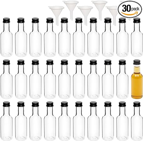 Photo 1 of 30 Pack 50ml Mini Liquor Bottles with Caps - 1.7 oz Small Wine Bottle with 6 Funnels for Party Favors, Alcohol