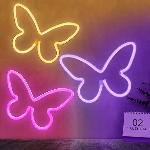 Photo 1 of BRIGHTDECK 3 Pcs Butterfly Neon Signs, Neon Light for Bedroom, USB or 3-AA Battery Powered LED Wall Décor for Valentines Day Birthday Gift, Wedding, Party, Home Decor (Pink, Purple, Warm white)