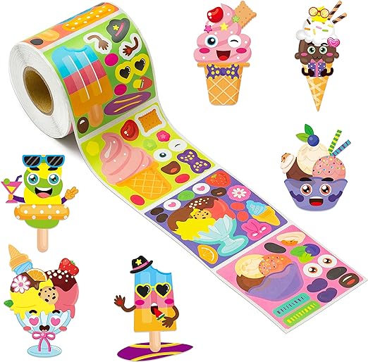 Photo 1 of Haooryx 300pcs Ice Cream Make A Face Scene Sticker Roll Make Your Own Ice Cream Sticker Decals Cartoon Mix and Match Sweets and Treats Party Stickers for Kids Summer Birthday DIY Art Crafts Supply