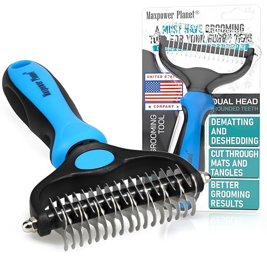 Photo 1 of 2 pcs    Maxpower Planet Pet Grooming Brush - Double Sided Shedding, Dematting Undercoat Rake for Dogs, Cats - Extra Wide Dog Grooming Brush, Dog Brush for Shedding, Cat Brush, Reduce Shedding by 95%, Blue