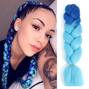 Photo 1 of Herina Blue Ombre Braiding Hair 3pcs Fake Braids In Hair Extensions High Temperature Fiber Ombre Blue Hair Extensions(3pcs/pack)