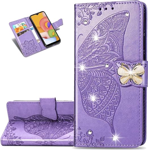 Photo 1 of LEMAXELERS Compatible with Samsung Galaxy A23 5G Case Bling Butterfly Embossed Wallet Flip PU Leather Magnetic Card Slots with Stand Cover for Samsung Galaxy A23 5G Diamond Butterfly Light Purple