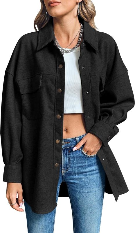 Photo 1 of  Large Ebifin Women's Oversized Long Sleeve Shacket Jacket Winter Button Down Wool Blend Lapel Collar Coats with Pockets