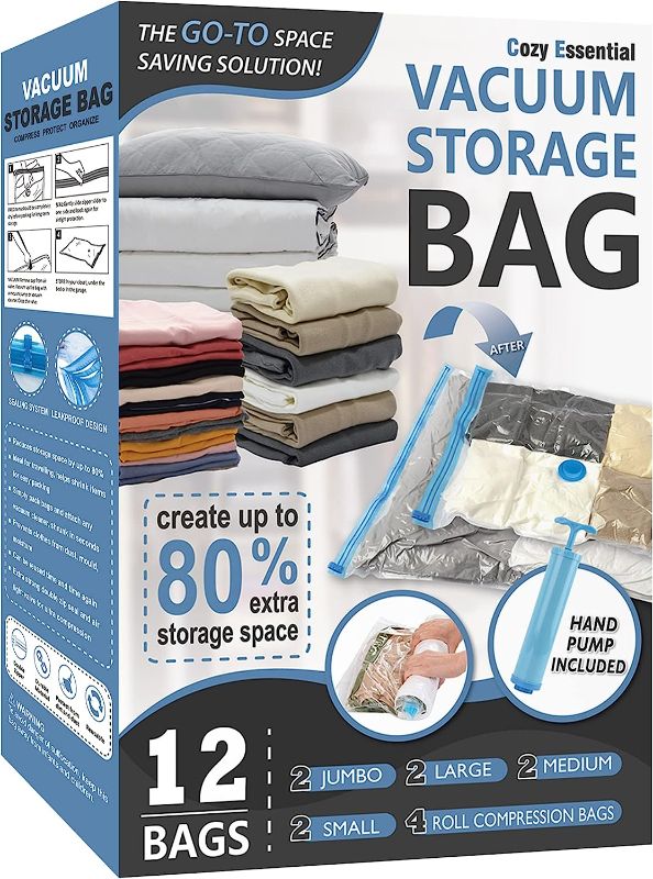 Photo 1 of 12 Pack Space Saver Bags (2 Jumbo/2 Large/2 Medium/2 Small/4 Roll) Compression Storage Bags for Comforters and Blankets, Vacuum Sealer Bags for Clothes Storage, Hand Pump Included
