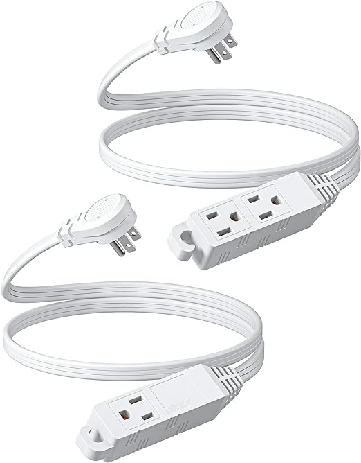 Photo 1 of DEWENWILS 3 Outlet Extension Cord with Flat Plug, 3FT 16/3 Awg Grounded Power Cable for Indoor Use, SPT-3 Cord, White, ETL Listed, 2 Pack