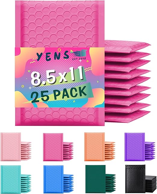 Photo 1 of Yens Poly Bubble Mailers 8.5x12 25 Pack Hot Pink Waterproof Self Seal Adhesive Shipping Bags, Cushioning Padded Envelopes for Shipping, Mailing, Packaging Usable Space 8.5x11