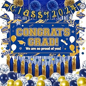 Photo 1 of  Graduation Decorations Set Include Blue and Gold Class of Banner Congrats Grad Backdrop Paper Pompoms Hanging Swirls and Balloons for Senior High School Grad Celebration Supplies