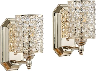 Photo 1 of 2 Pack 1 Light Crystal Wall Sconce Lighting with Champagne Finish,Modern Concise Style Wall Light Fixture Polyhedral Crystal Shade for Bathroom, Bedroom Living Room Bedside