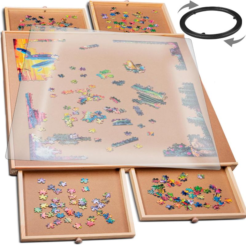 Photo 1 of 1000 Piece Rotating Wooden Jigsaw Puzzle Table - 4 Drawers, Puzzle Board with Puzzle Cover | 22 1/4” x 30" Jigsaw Puzzle Board Portable - Portable Puzzle Table
