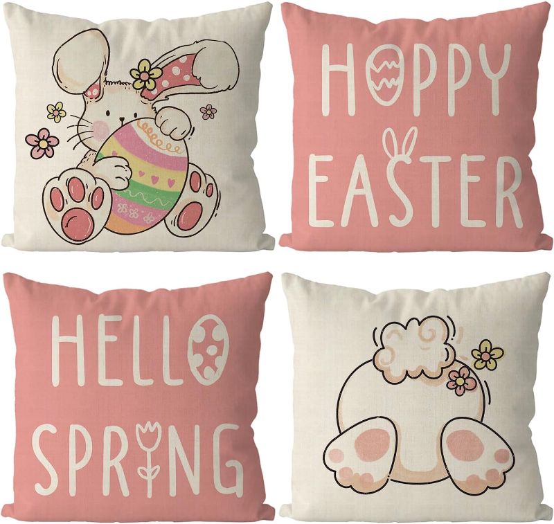Photo 1 of Easter Pillow Covers 18x18 Inch Set of 4 Easter Eggs Floral Cute Bunny Pillowcase Hello Spring Farmhouse Decorations for Sofa Couch Bedroom Living Room Decor