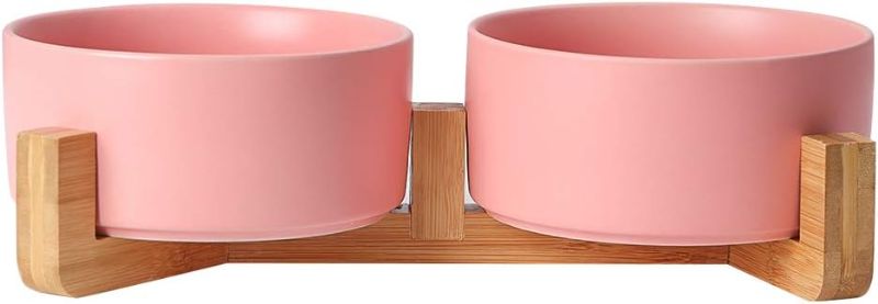Photo 1 of Pink Ceramic Elevated Raised Cat Bowl with Wood Stand No Spill Pet Food Water Feeder Cats Small Dogs Set of 2