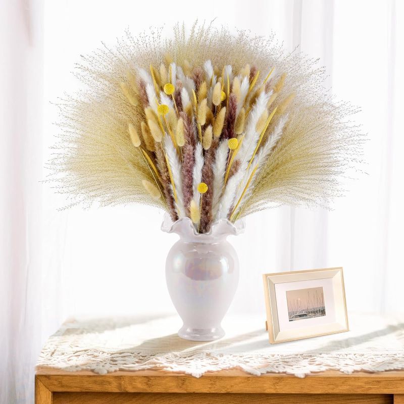 Photo 1 of 155 Pcs Dried Pampas Grass, Natural Pampas Flowers Bouquet Boho Home Decor, Brown White Pampas Set Floral Arrangements for Office Table Farmhouse Wall Living Room Wedding Decorations