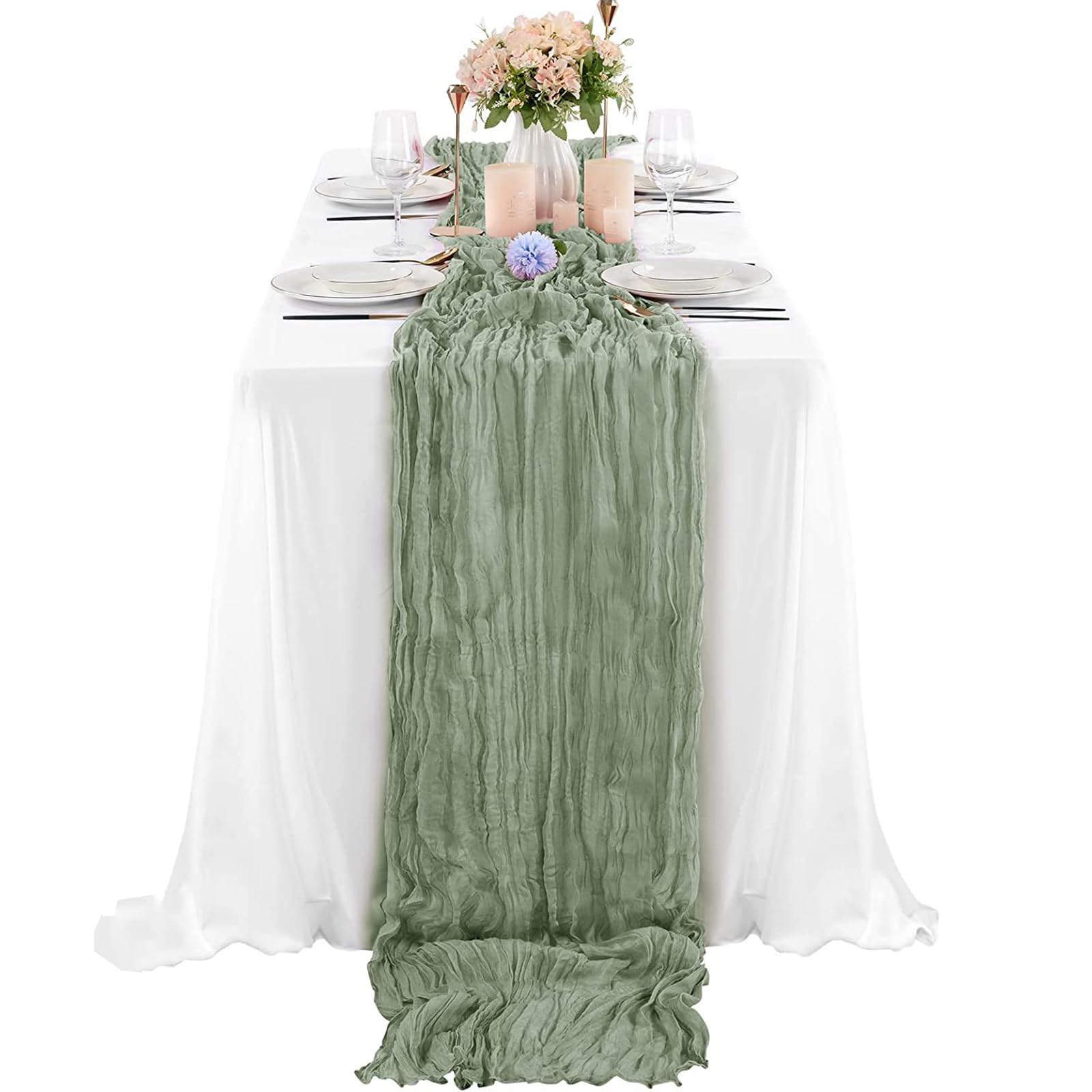 Photo 1 of 2Pack 10Ft Cheesecloth Table Runner, 35x120Inch Sage Green Rustic Boho Gauze Wrinkled Cheese Cloth Table Runner for Baby Bridal Shower Wedding Birthday Party Table Decoration