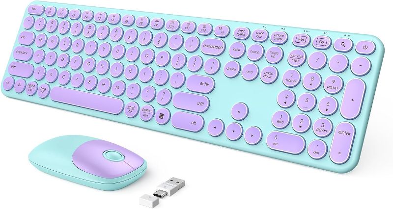 Photo 1 of Purple Wireless Keyboard and Mouse, seenda USB/Type C Wireless Keyboard Mouse for Win & Mac, Full Size Cute Keyboard Compatible with MacBook, Windows 7/8/10, Laptop (Purple Green)