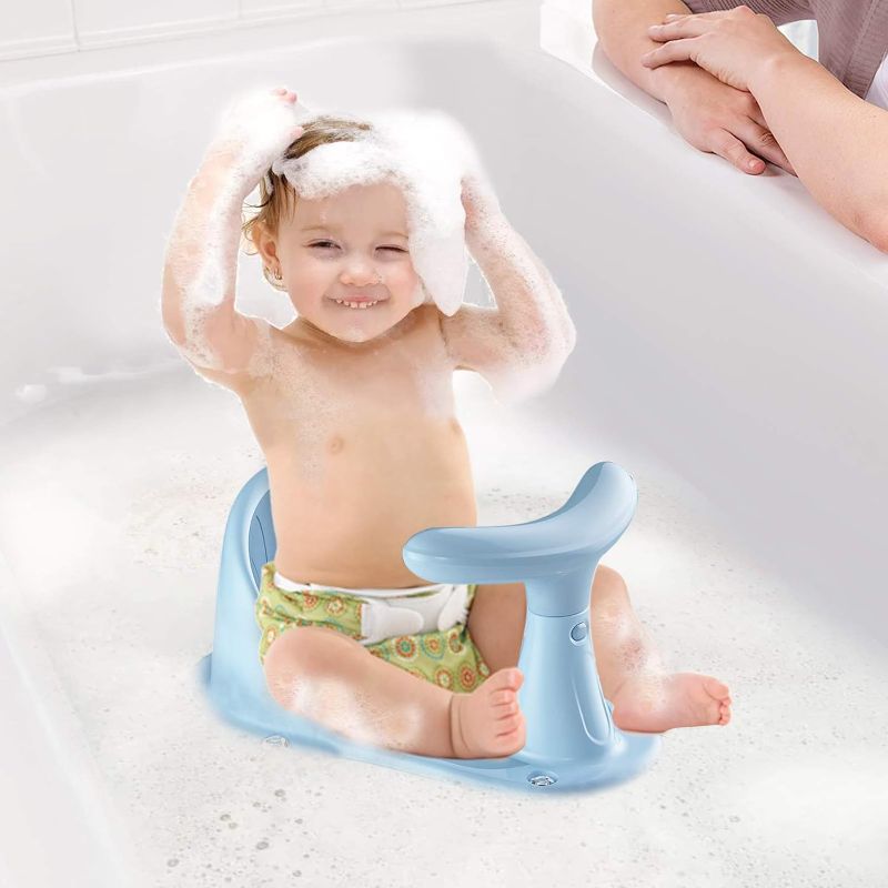 Photo 2 of Leingee Baby Bath Seat with Thermometer, Portable Toddler Child Bathtub Seat for 6-18 Months with Comfortable Backrest & Stable Suction Cup (Blue)