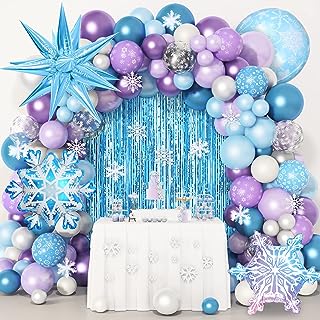 Photo 1 of 137Pcs Birthday Party Supplies, Snowflake Party Decorations with Blue Purple Balloon Garland Kit, Tablecloth, Foil Fringe Curtain, Cake & Cupcake Toppers for Winter Snow Themed Decor (A)