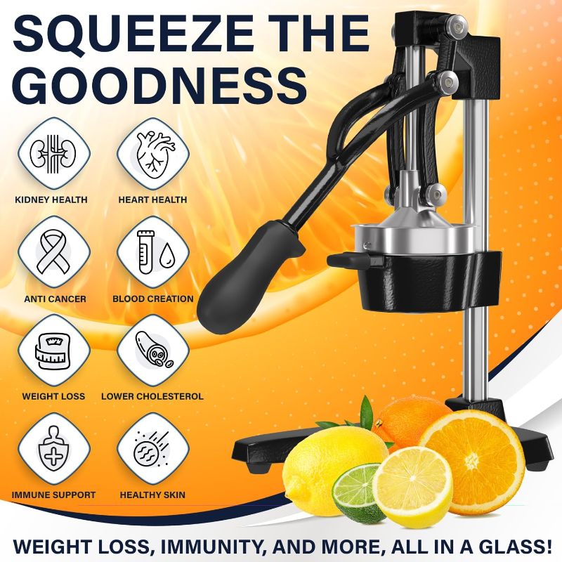 Photo 2 of 
Eurolux Cast Iron Citrus Juicer | Extra-Large Commercial Grade Manual Hand Press | Heavy Duty Countertop Squeezer for Fresh Orange Juice (Bonus Stainless Steel Cup) (Black)
