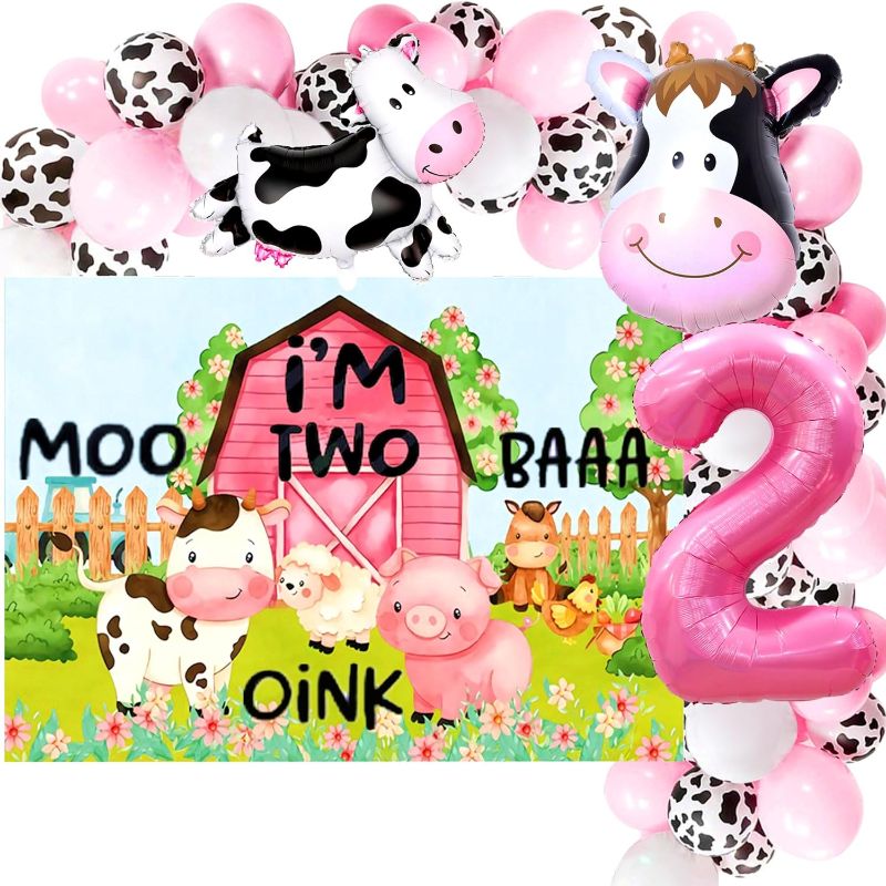 Photo 1 of JeVenis Pink Oink Baa Moo I am Two Backdrop Moo Moo I am Two Balloons Farm 2nd Birthday Decoration Barnyard 2nd Birthday Decoration Holy Cow I am Two Decoration