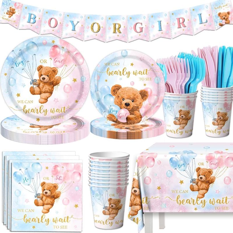 Photo 1 of Bear Baby Shower Decorations-142Pcs We Can Bearly Wait Baby Tableware Set Bear Baby Shower Plates and Napkins for Boy Girl Neutral Baby Shower Gender Reveal Birthday Party Supplies Serve 20 (Bear)