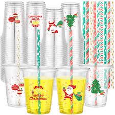 Photo 1 of Uiifan 100 Set 12 oz Christmas Clear Plastic Cups with Lids and Straws Disposable Xmas Plastic Cups Bulk Merry Christmas Drinking Cups for Juice Coffee Milkshake Cold Drinks Christmas Party Supplies