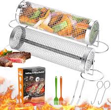 Photo 1 of 2 Pack Grill Baskets, Stainless Steel Rolling Grill Baskets for Outdoor Grilling Accessories with Forks Portable Rolling Grilling Mesh Cylinder for Vegetable Fish Meat Food Camping, Gift for Men