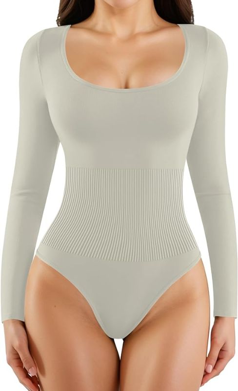 Photo 1 of CLOZOZ Shapewear Bodysuit Tummy Control Scoop Neck Long Sleeve Bodysuits for Women Ribbed Seamless Sexy Body Suits Women SIZE L 
