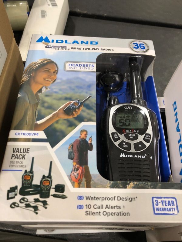 Photo 1 of Midland 50 Channel Waterproof GMRS Two-Way Radio - Long Range Walkie Talkie with 142 Privacy Codes, SOS Siren, and NOAA Weather Alerts and Weather Scan (Black/Silver, Pair Pack) Pair Pack - Black/Silver