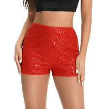 Photo 1 of Women's Sequin Shorts High Waist Sparkle Party Shorts with Pockets RED XL 