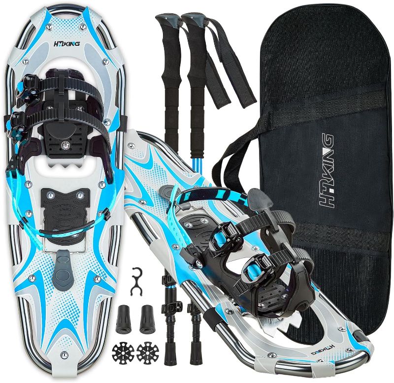 Photo 1 of 14/17/21/25/30 Inches Lightweight Snowshoes with Toe Box and Heel Lift, 3-in-1 Aluminum All-Terrain Snow shoes Kit with Adjustable Trekking Poles and Heavy-Duty Carrying Tote Bag for Women Men and Kid Light Blue 21"(Up to 150lbs)