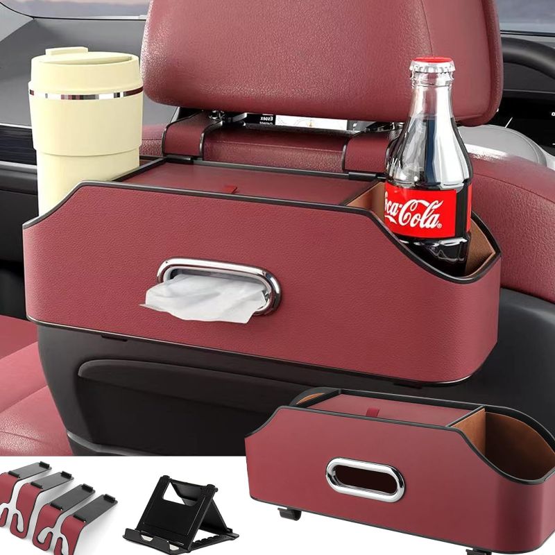Photo 1 of car headrest seat back organizer with cup holder, tissue box, mobile phone holder, headrest hook, suitable for children and adults, car travel accessories (Red)