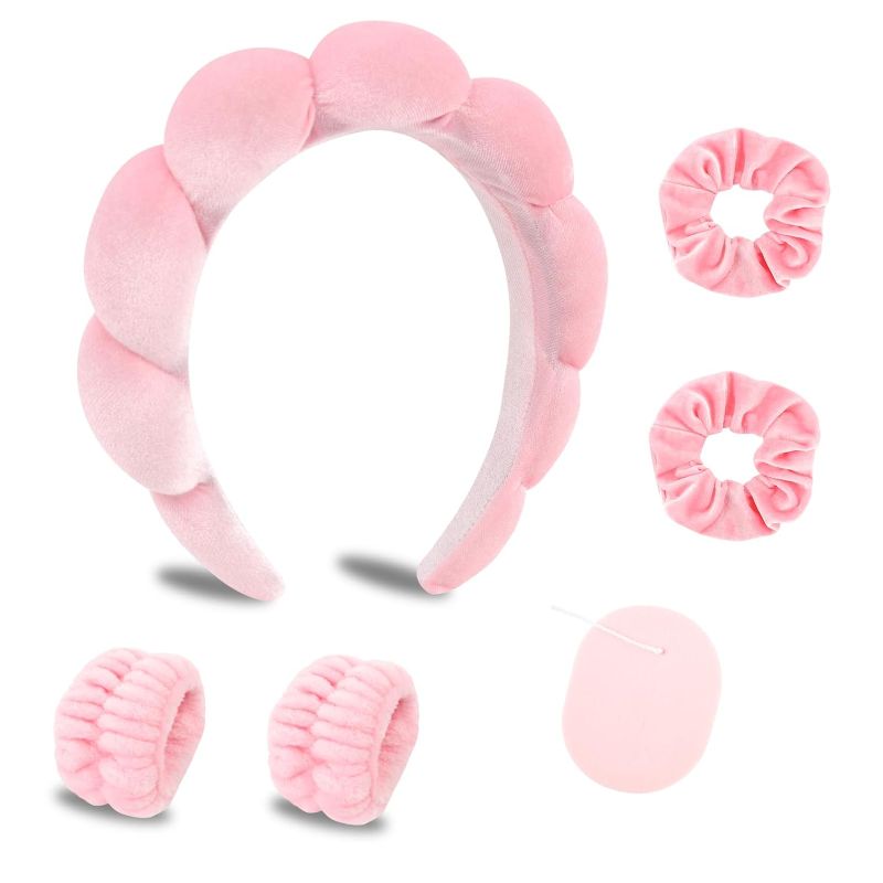 Photo 1 of CAVETEE Makeup Headband for Women, Pink Skincare Headband for Washing Face, Cute Puffy Spa Headband with Wristband Scrunchies and Soft Compressed Facial Sponges for Women Girl